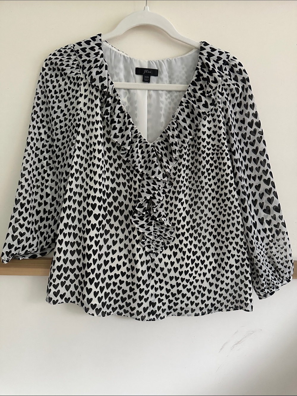 J.Crew Black & White Heart Print Ruffle V-Neck Blouse